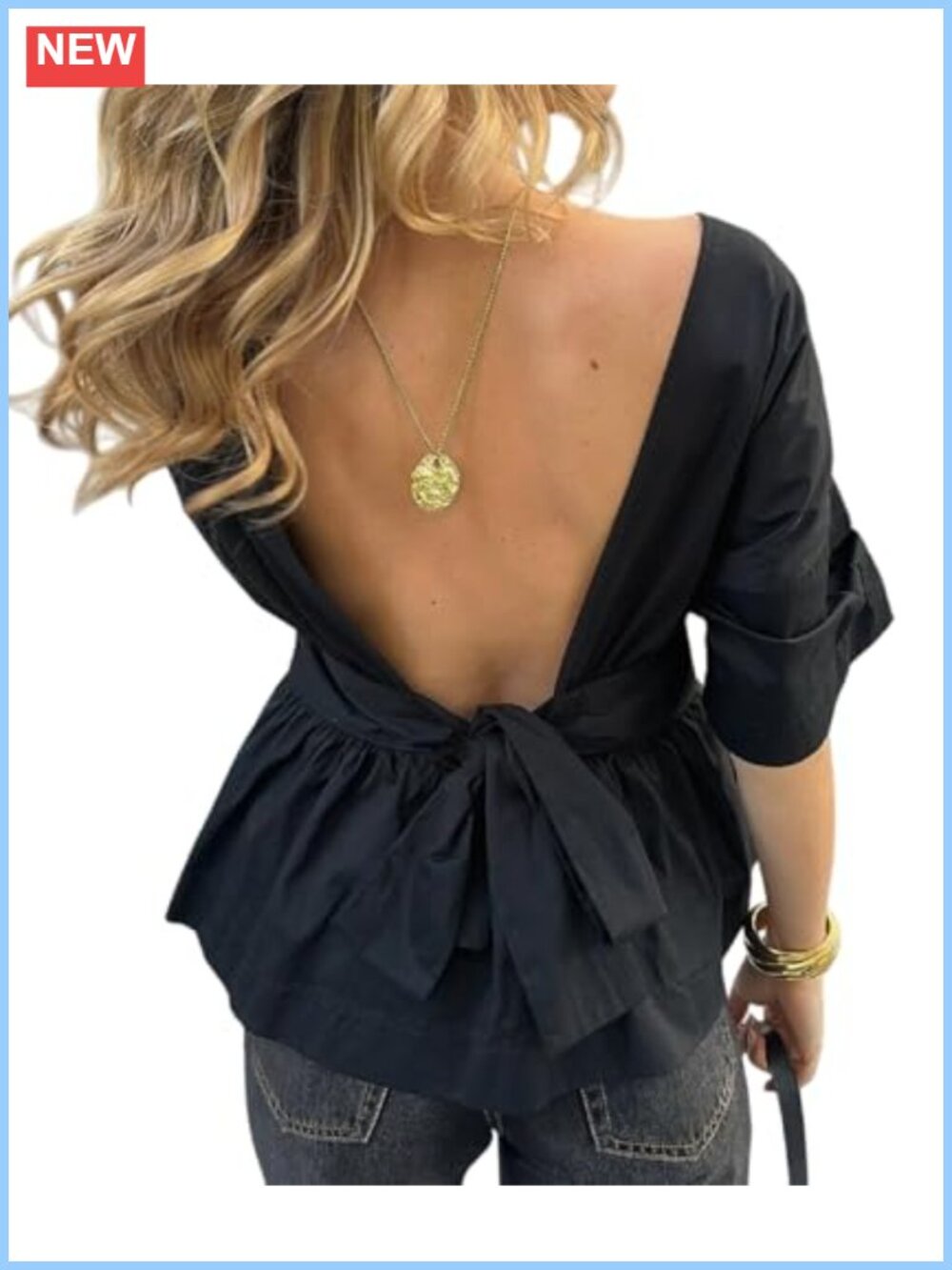 Women Short Sleeve Bow Back Top Backless Tie Peplum Blouse